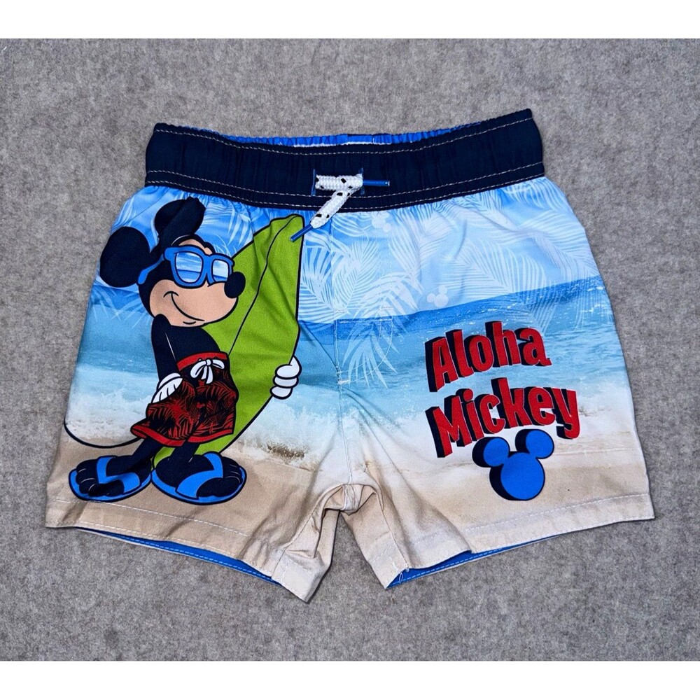Disney Junior Mickey Mouse Aloha Swim Trunks Boys 2T Blue Drawstring Lined